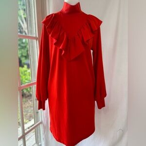 Vibrant Red/Orange Ruffle Turtleneck Dress